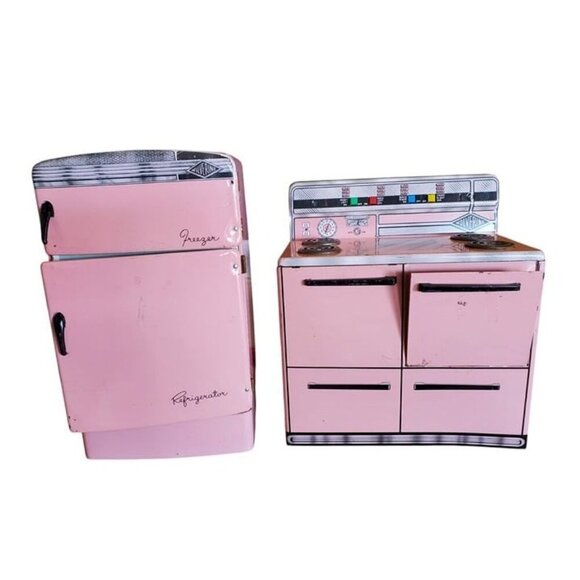 Vintage 1950s Wolverine Pink Tin Litho Toy Kitchen Refrigerator and Stove READ - Picture 1 of 8